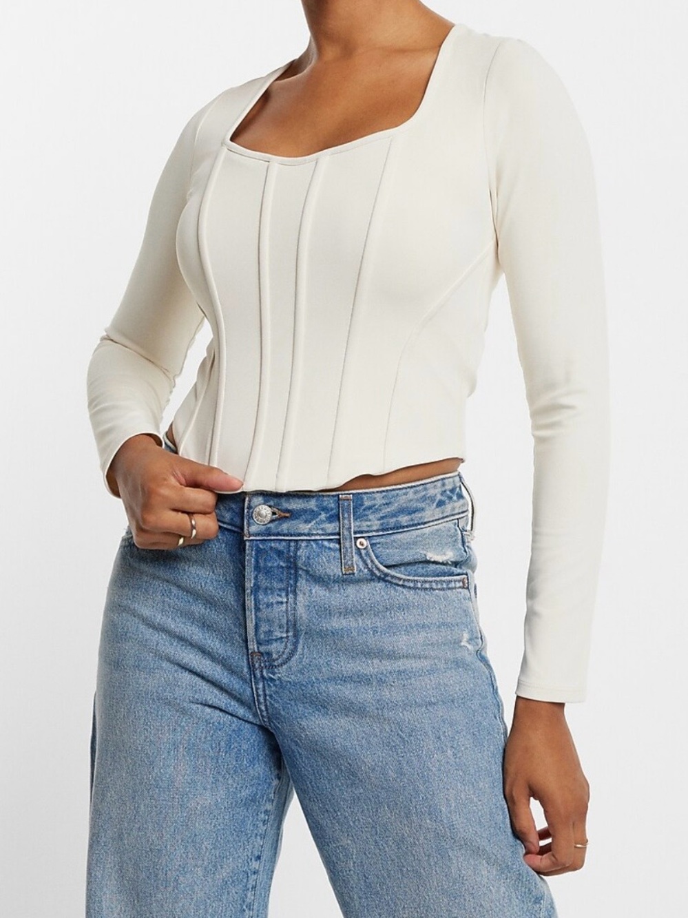 NWT Express Body Contour White Long Sleeve Corset Seam Crop Top Medium